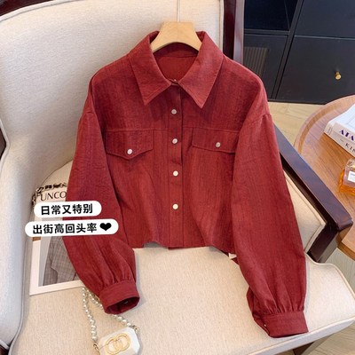 速发高级感工装独色早秋大码拉气质红特安可微开衫上衣