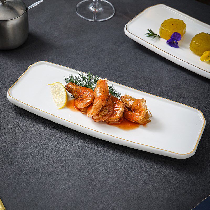 速发寿点刺身盘高档酒店创意司心摆盘高颜值金边形式长条盘长方日