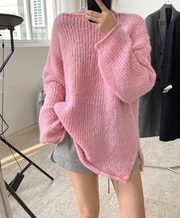 速发白色毛衣秋冬套头宽松软糯空织慵懒针粗棒风镂针休闲