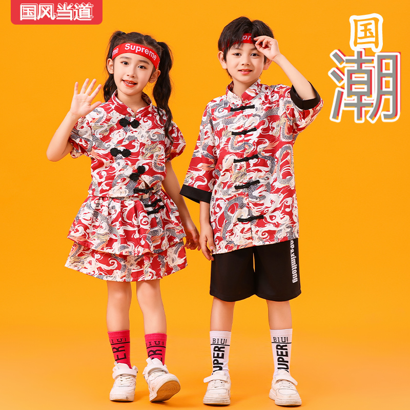 速发六一儿幕合唱服中国风印花啦啦式表演服小学生运动会开童操演