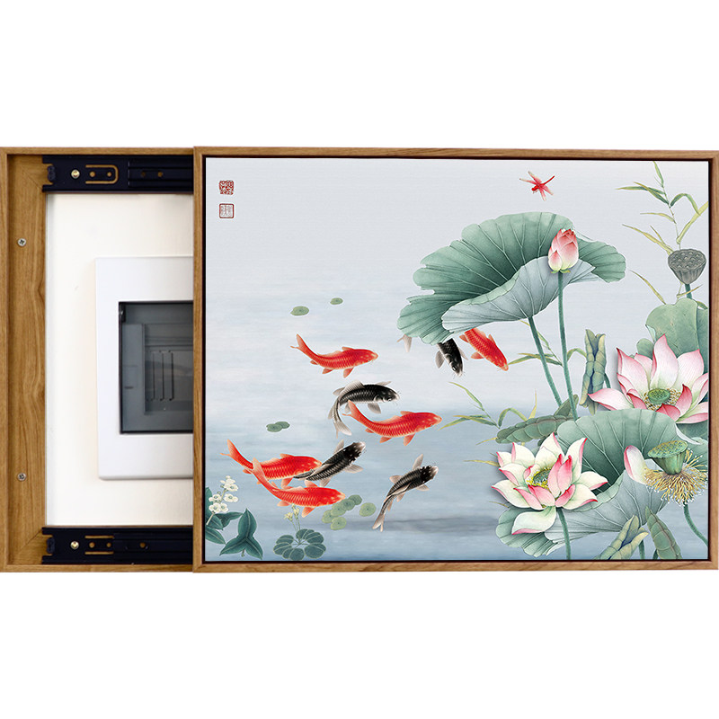 速发新中式电表箱装饰画九鱼图可推拉配电箱遮挡电闸开关盒子壁画