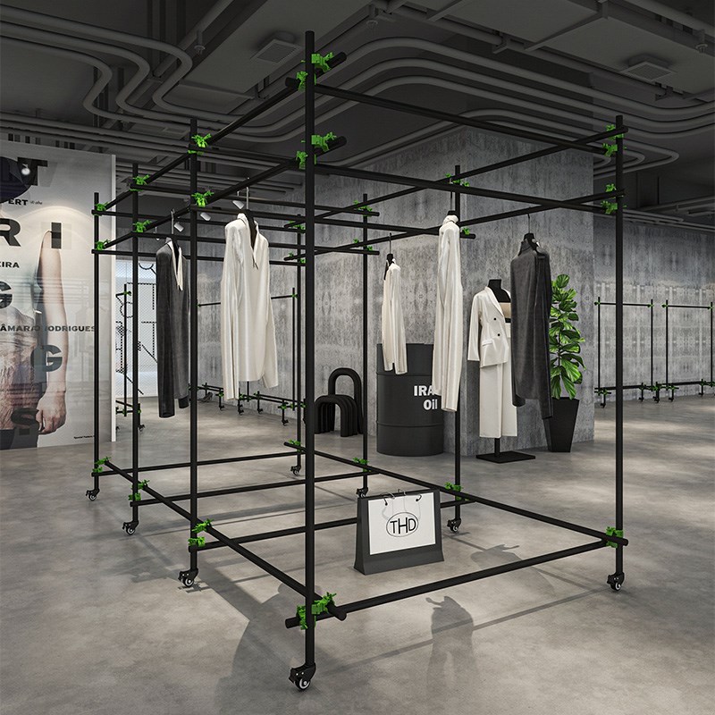 速发服地店中岛展示架铁色黑艺落装中间陈列脚手架装店铺挂衣架