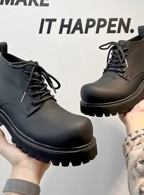 黑色马丁靴男款夏季厚底增高德比鞋工装大头皮鞋男女同款机车短靴