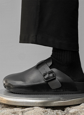 一脚蹬黑色包头半拖勃肯鞋男外穿2025春季新款真皮厚底复古拖鞋男