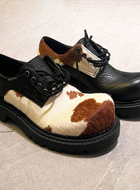 奶牛纹真皮小众鸳鸯德比鞋厚底马皮鞋男女英伦风百搭大头米奇鞋男