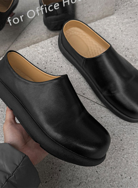 黑色皮鞋男女懒人一脚蹬乐福鞋大头德比鞋春季新款包头半拖勃肯鞋