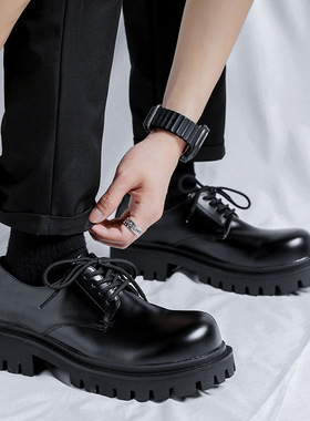 小众休闲厚底情侣大头德比鞋男潮英伦风商务正装黑色增高男生皮鞋