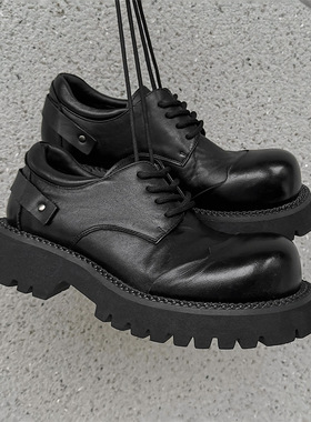 2025夏季新款大头休闲男士皮鞋圆头德比鞋男黑色厚底增高通勤皮鞋