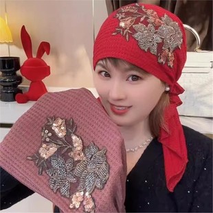2025秋冬季新款时尚百搭包头帽高端刺绣花朵遮白发保暖帽