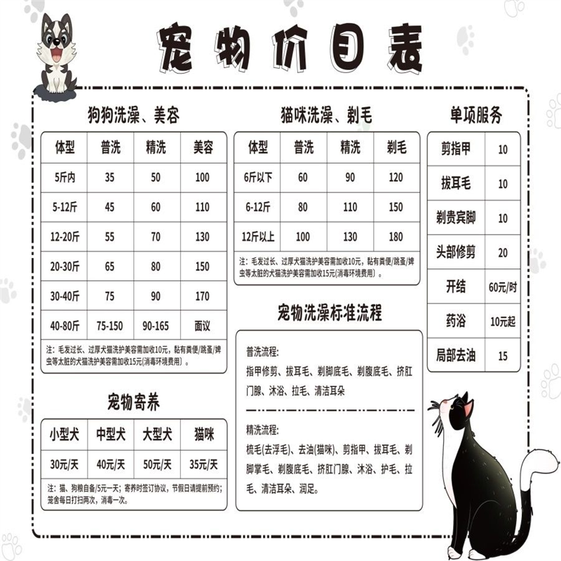洗护价目表海报喵咪到家套餐宠物价目表服务价目表墙贴纸KT板洗护