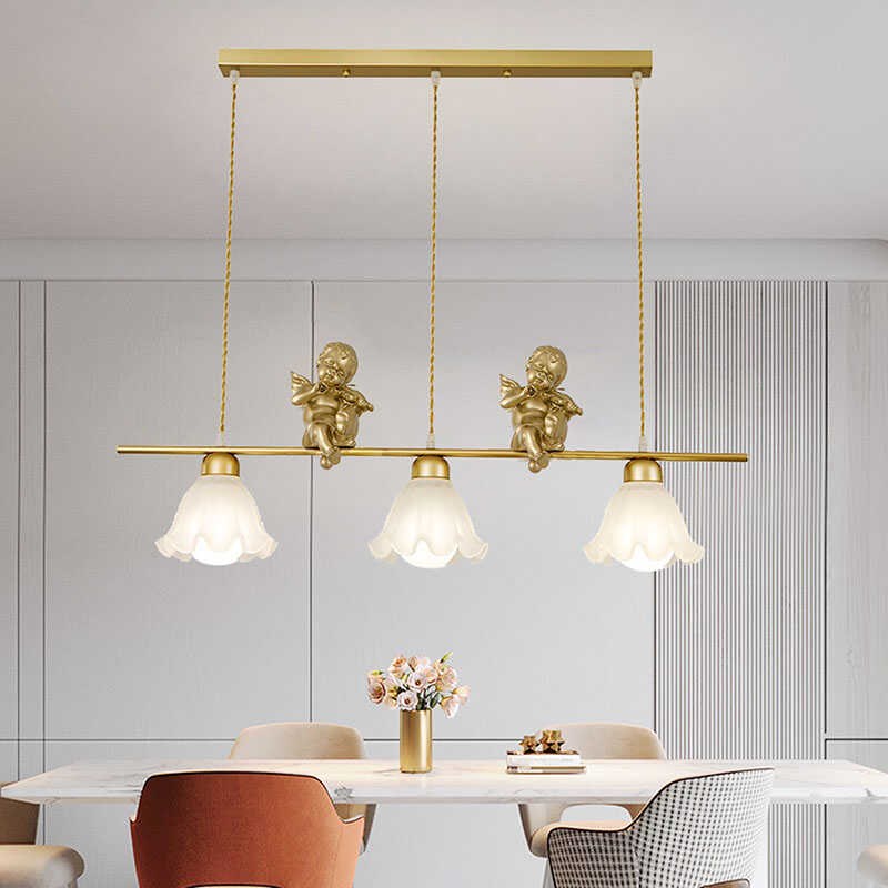 轻奢法式餐厅三头吊灯一字长条意式D简约岛吧台设计师全光谱餐桌