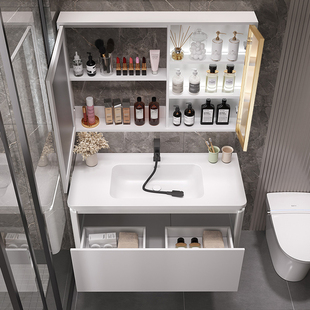 奶油风可丽耐肤感一体盆浴室柜组合现代卫生间洗漱台洗手池盆套装
