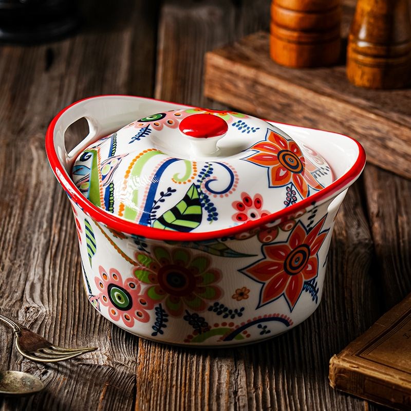 蝶恋花陶瓷带盖大l号元宝碗汤碗双耳炖盅微波炉烤箱家用专用耐高