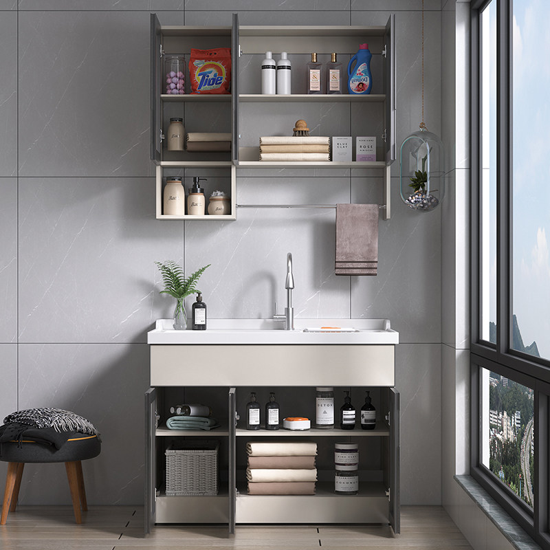 洗衣柜阳台洗衣池台盆一体洗衣盆带搓板洗衣槽太空铝洗手盆柜组合