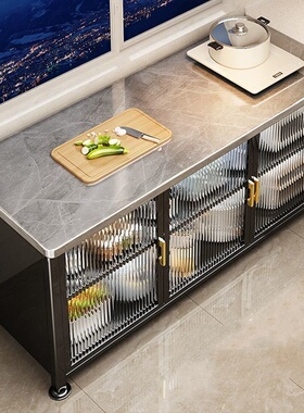 厨房岩板储物柜对开门橱柜餐边收纳柜微波炉烤箱置物架放锅具碗柜