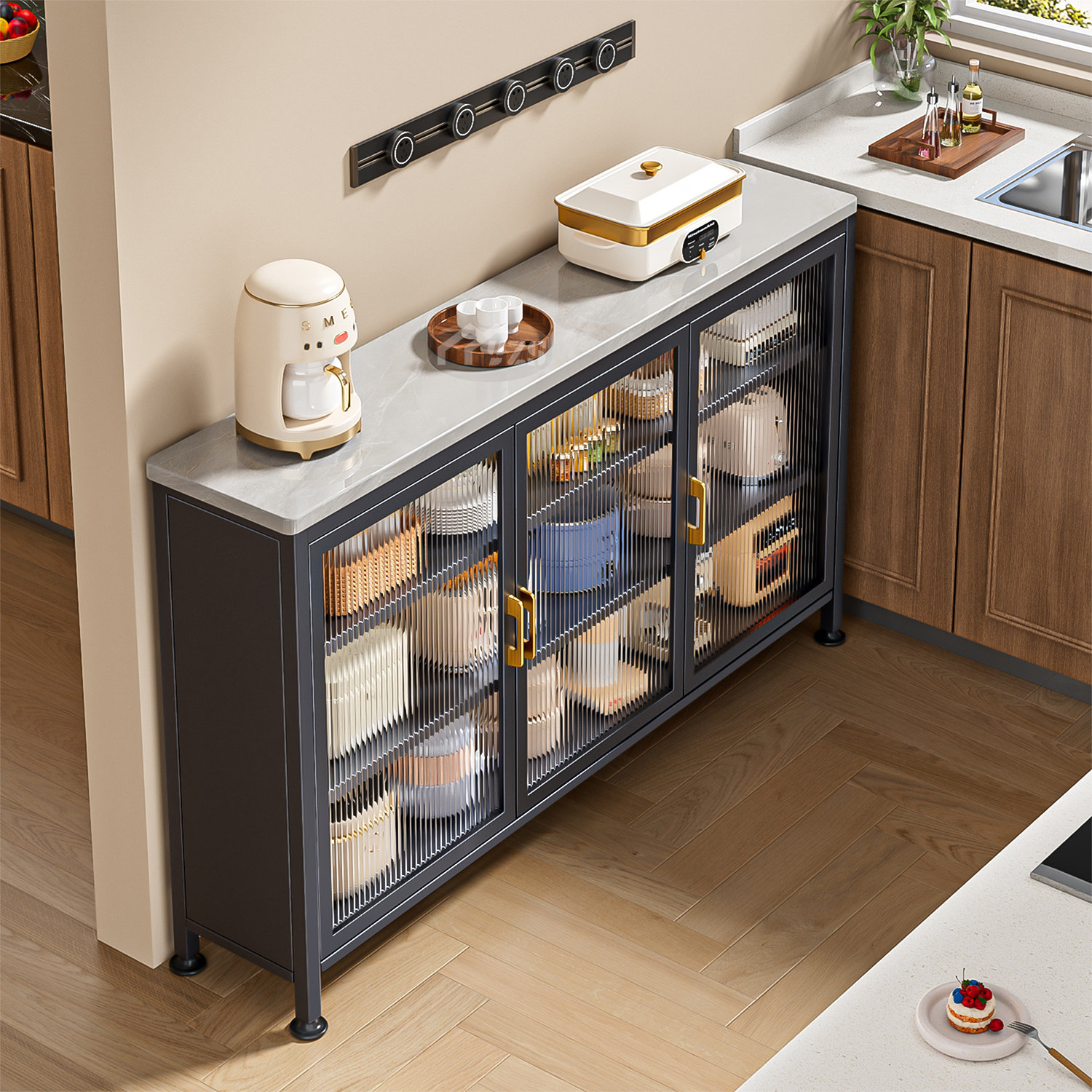 岩板一体厨房置物架餐边储物落地多层微波炉多功能收纳碗柜橱柜子