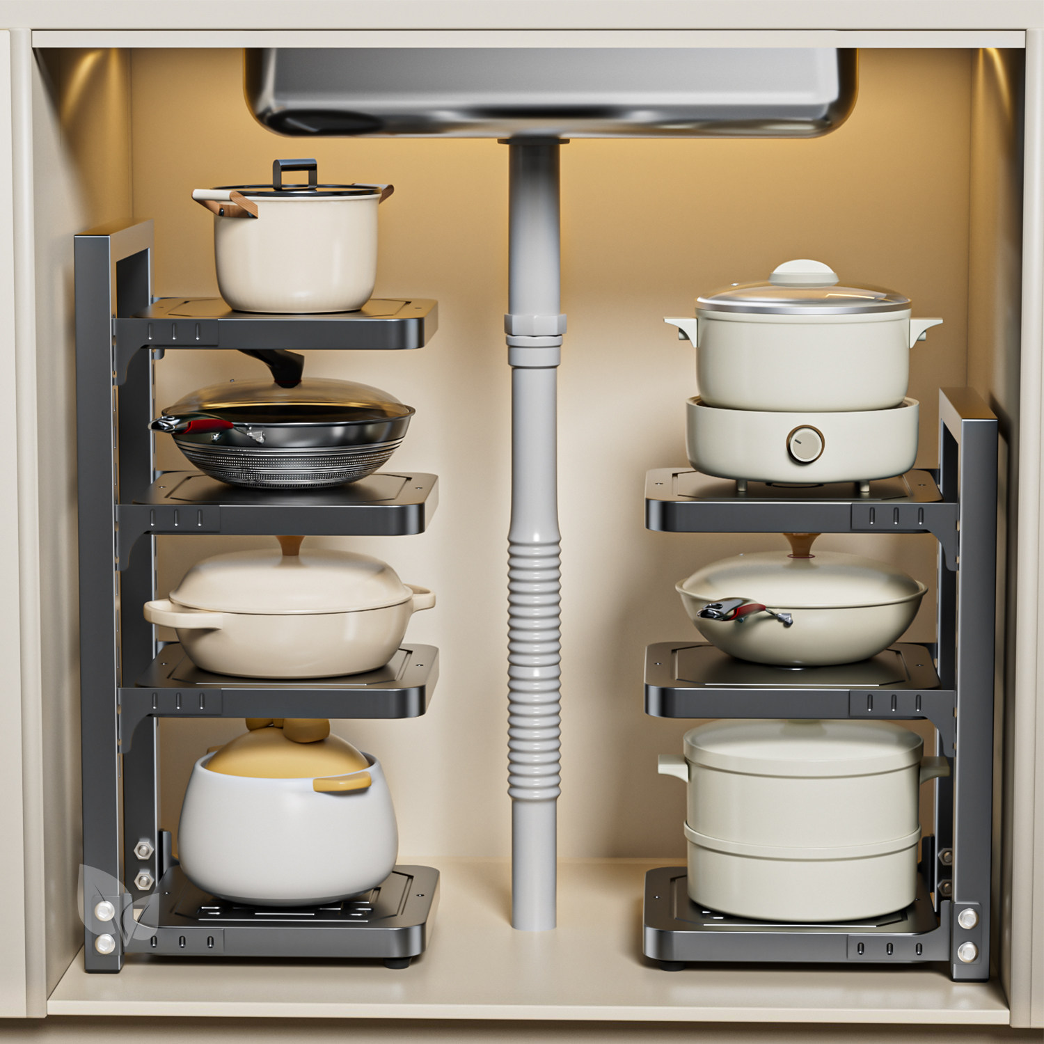 可调节厨房锅具收纳架多层置物架橱柜内分层水槽下台面多功能锅架