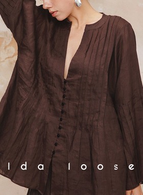 Ida loose 重工侘寂风度假清凉苎麻风琴褶宽松廓形衬衫