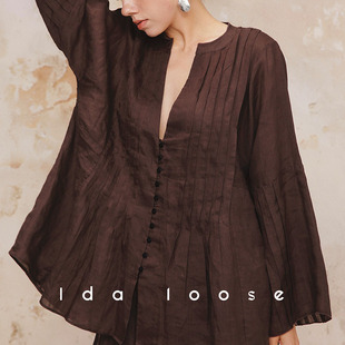 Ida loose 重工侘寂风度假清凉苎麻风琴褶宽松廓形衬衫