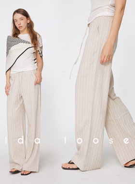 Ida loose 亚麻透气亲肤条纹度假风慵懒假日抽绳休闲阔腿裤