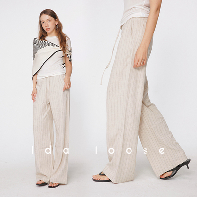 亚麻透条纹度假风抽绳休闲阔腿裤