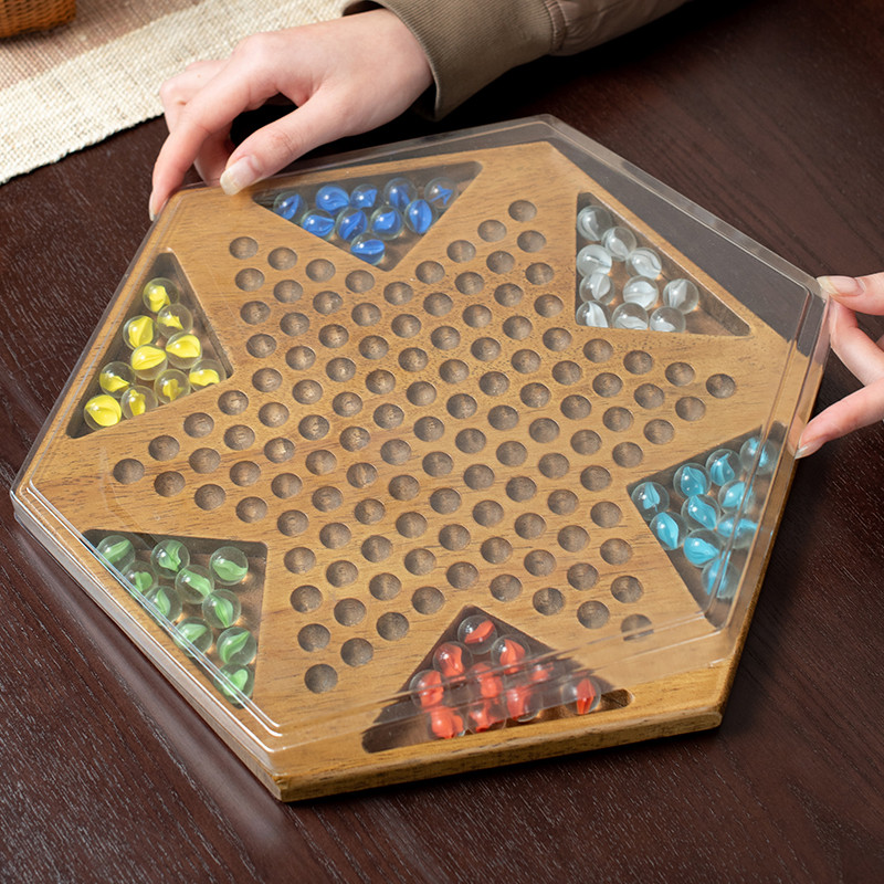 跳棋玻璃珠高档实木棋盘带盖儿童益智大号弹珠大人木质老式波子棋