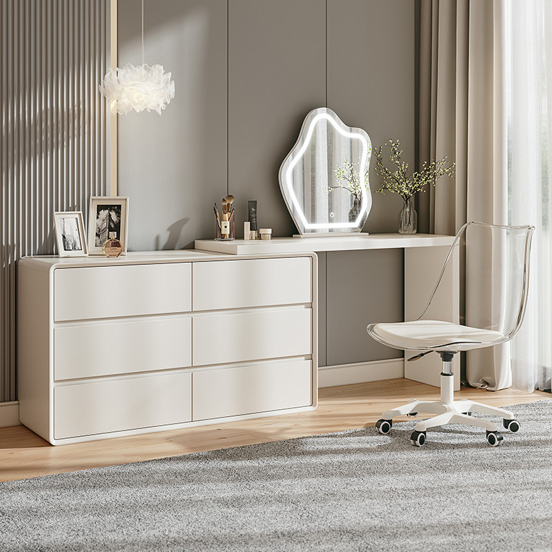 奶油风梳妆台卧室简约现代斗柜轻奢梳妆台一体全实木化妆台化妆桌