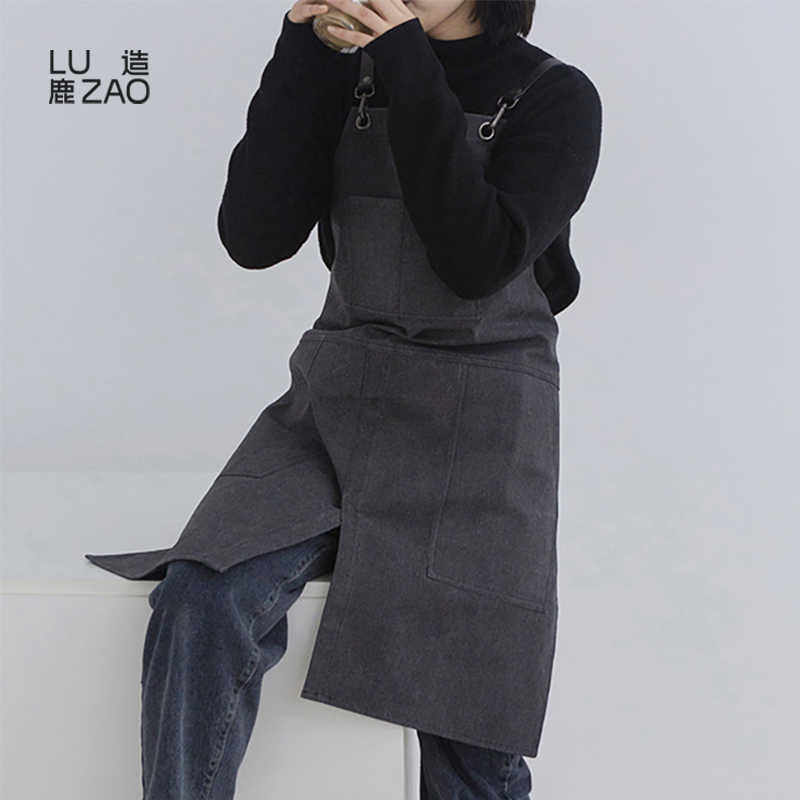 鹿造开衩款咖啡师餐厅发型师画画帆布围裙男女工作服复古定制logo