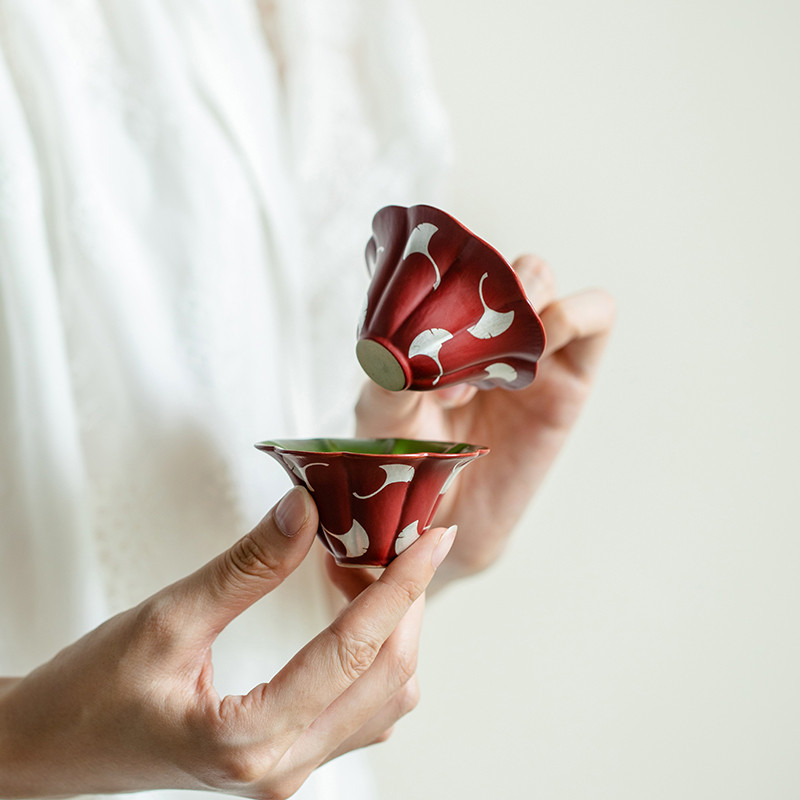 拓土主人杯单个杯陶瓷功夫茶具家用喝茶杯子粗陶粉引银杏叶花朵杯