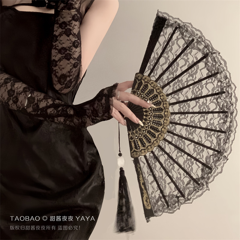 新中式复古黑色蕾丝折扇jk洛丽塔汉服旗袍扇子流苏古风拍照道