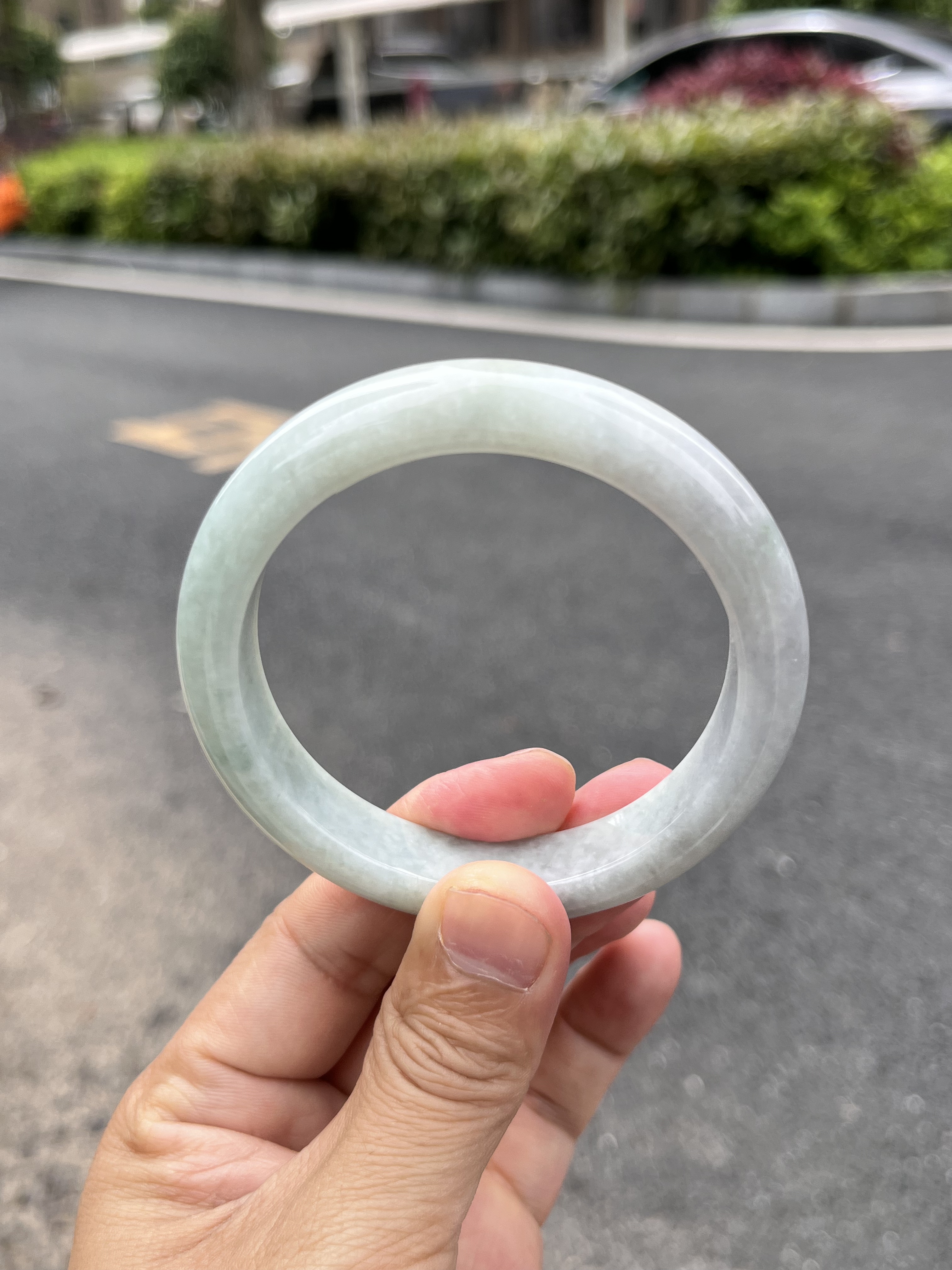 1110-0152天然A货翡翠58.5-12.5-9淡绿淡紫带点黄无裂