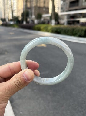 0708-0964天然A货翡翠手镯60-12.7-7.7蓝底雪花棉完美无裂