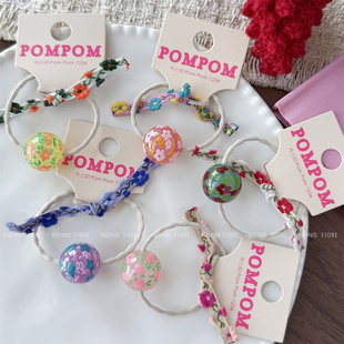 现货PomPom韩国进口发饰发绳手绘小花球球刺绣蝴蝶结马尾发圈皮筋
