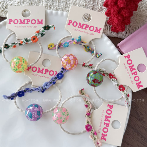 现货PomPom韩国进口发饰发绳手绘小花球球刺绣蝴蝶结马尾发圈皮筋