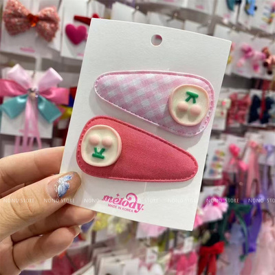 韩国melody代购儿童发饰布艺格纹三角型掰掰夹樱桃拼色发夹刘海夹