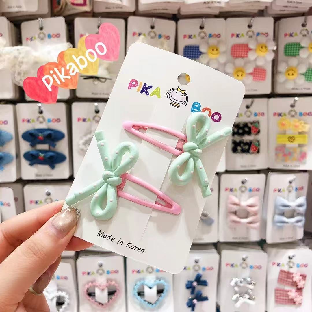 现~韩国pikaboo代购儿童发饰奶油波点蝴蝶结撞色掰掰夹边夹刘海夹