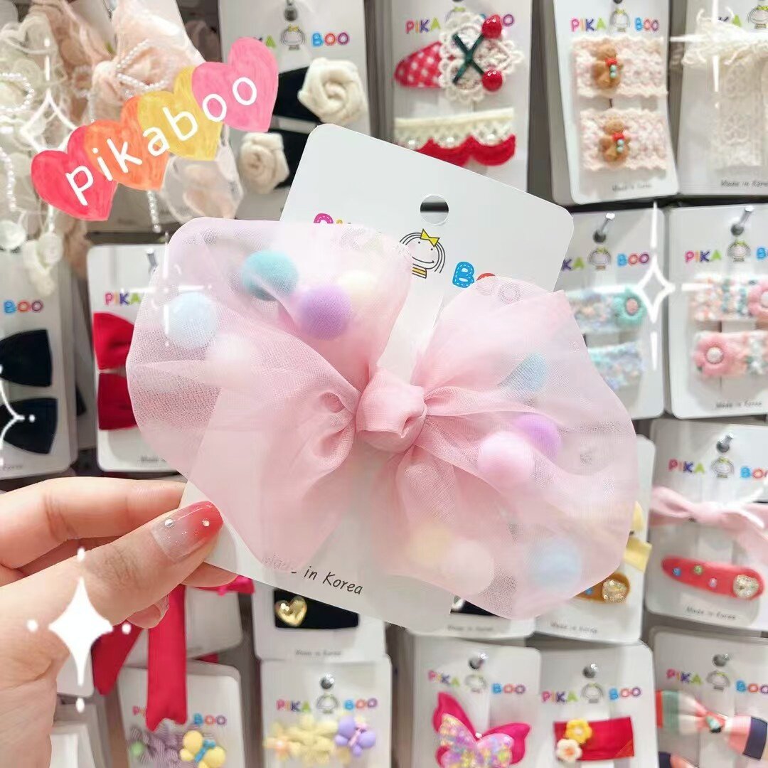 pikaboo韩国进口儿童头饰彩色球球网纱蓬蓬蝴蝶结发夹鸭嘴夹顶夹