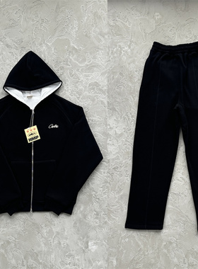 Corteiz 秋冬新款时尚百搭黑色拉链开衫连帽卫衣卫裤运动休闲套装