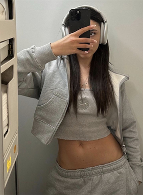 Broken Planet cropped zip up hoodie新款潮女士短款拉链衫灰色