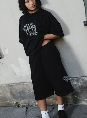 Mertra 夏季新款时尚百搭休闲短裤男女同款松紧腰抽绳刺绣棉短裤