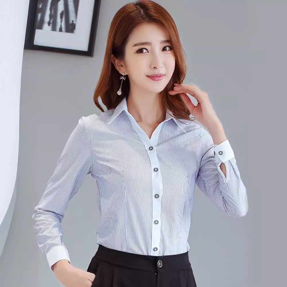 马蹄袖提花长袖修身衬衫女职业工装工作服正装韩版衬衣OL韩版通勤