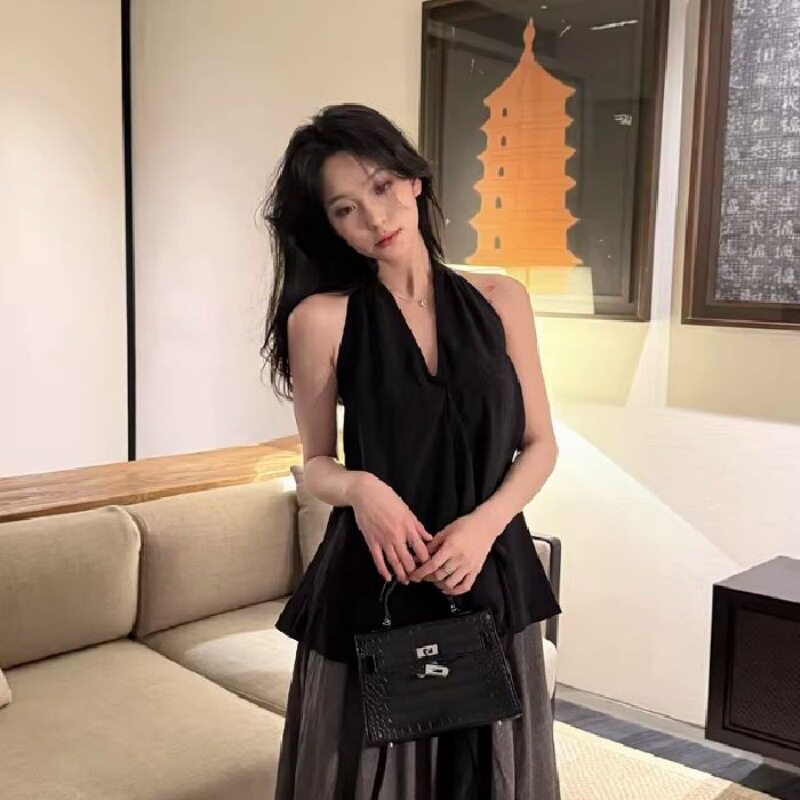 法式雪纺娃娃衫吊带背心女外穿夏季美背内搭性感挂脖露背无袖上衣