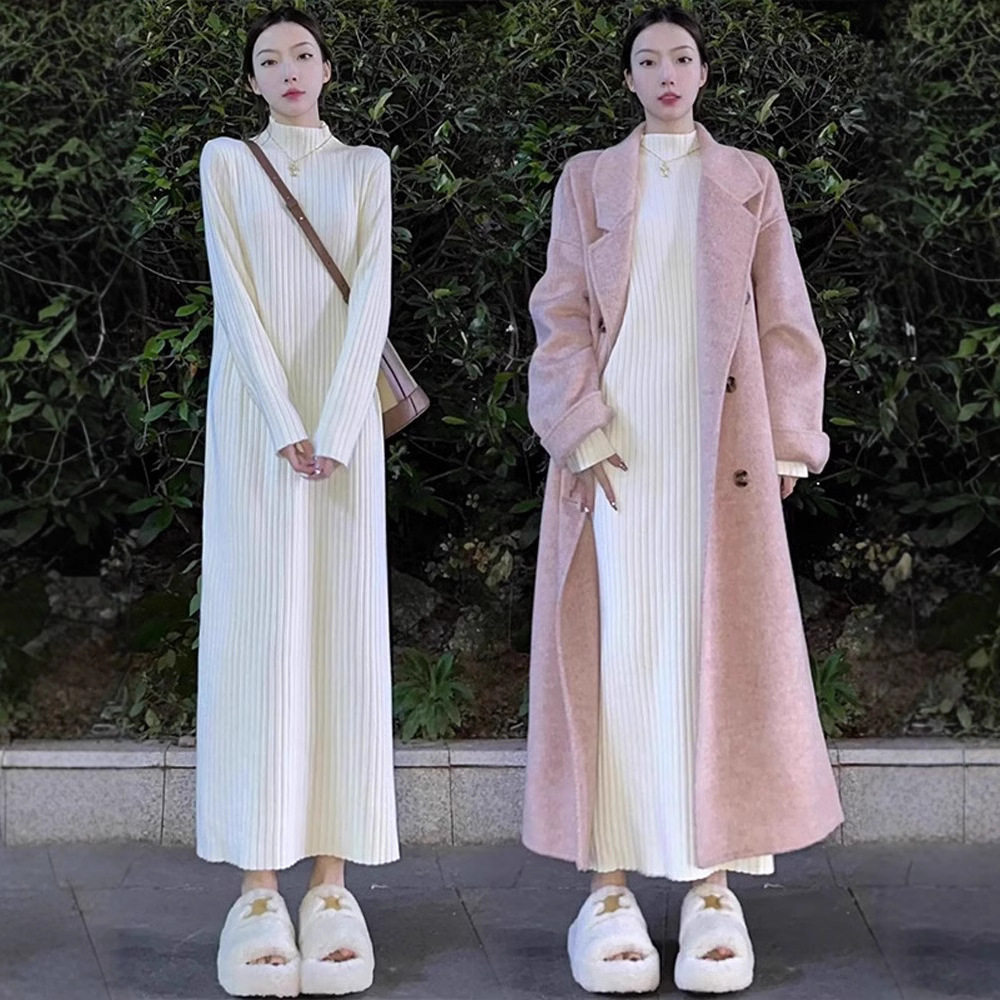 初早秋白色长裙针织连衣裙子女新款大衣内搭打底中长款毛衣裙