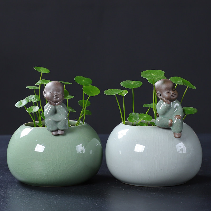 铜钱草花盆无孔水养陶瓷水培器皿可爱小和尚花器茶盘桌面摆件