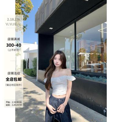 YUYUREAL漫度周末 设计感花边一字肩上衣女夏季修身显瘦短款T恤