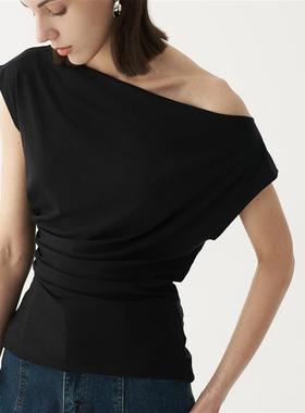 SHALLOW STREAMS夏季露肩黑色一字肩甜美上衣百搭短袖斜肩T恤女