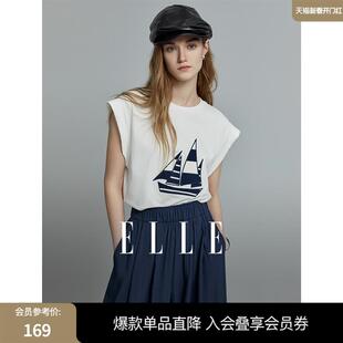 上衣 通勤风宽松显瘦薄款 ELLE设计感纯棉无袖 白色T恤女2025春新款