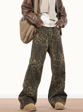 0123Start 美式复古小众豹纹牛仔裤男女宽松潮牌嘻哈街舞直筒裤