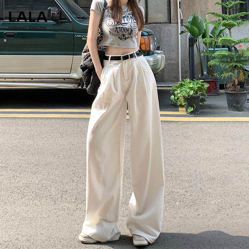 美式高街白色阔腿牛仔裤女2025新款高腰褶皱显瘦宽松直筒拖地裤子