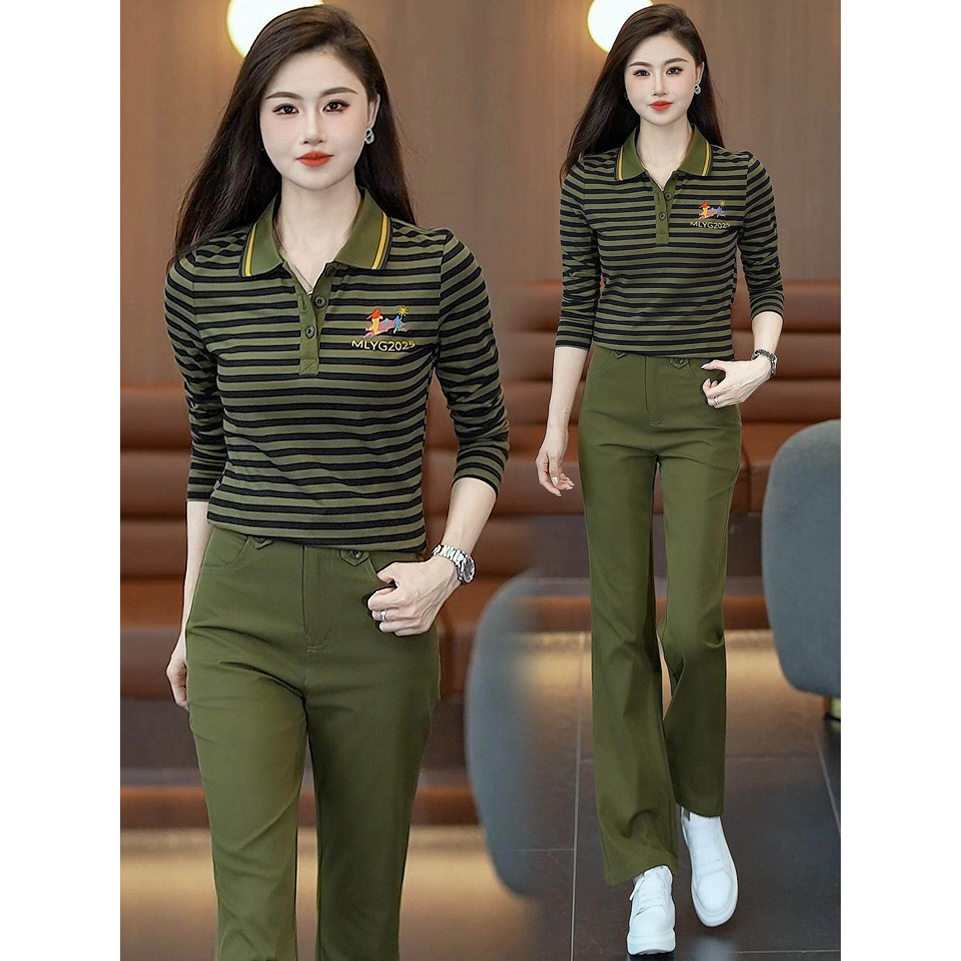 春秋迷彩服长袖套装女士工装服微喇裤显瘦大码舞蹈演出服登山潮流
